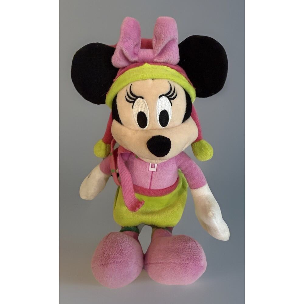 Disney Minnie Mouse Christmas Plush Pink Green Scarf Hat 11” Toy